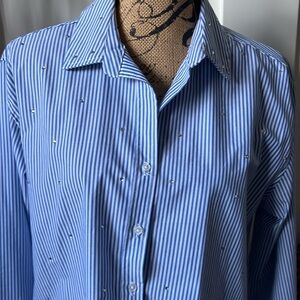 Beachlunchlounge Blue And White Striped Blouse With Rhinestone Embellishment